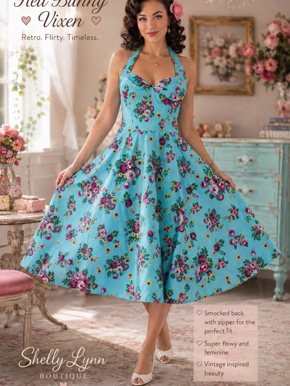 Retro Style Hell Bunny Vixen - Halter Floral Dress in Turquoise sz S